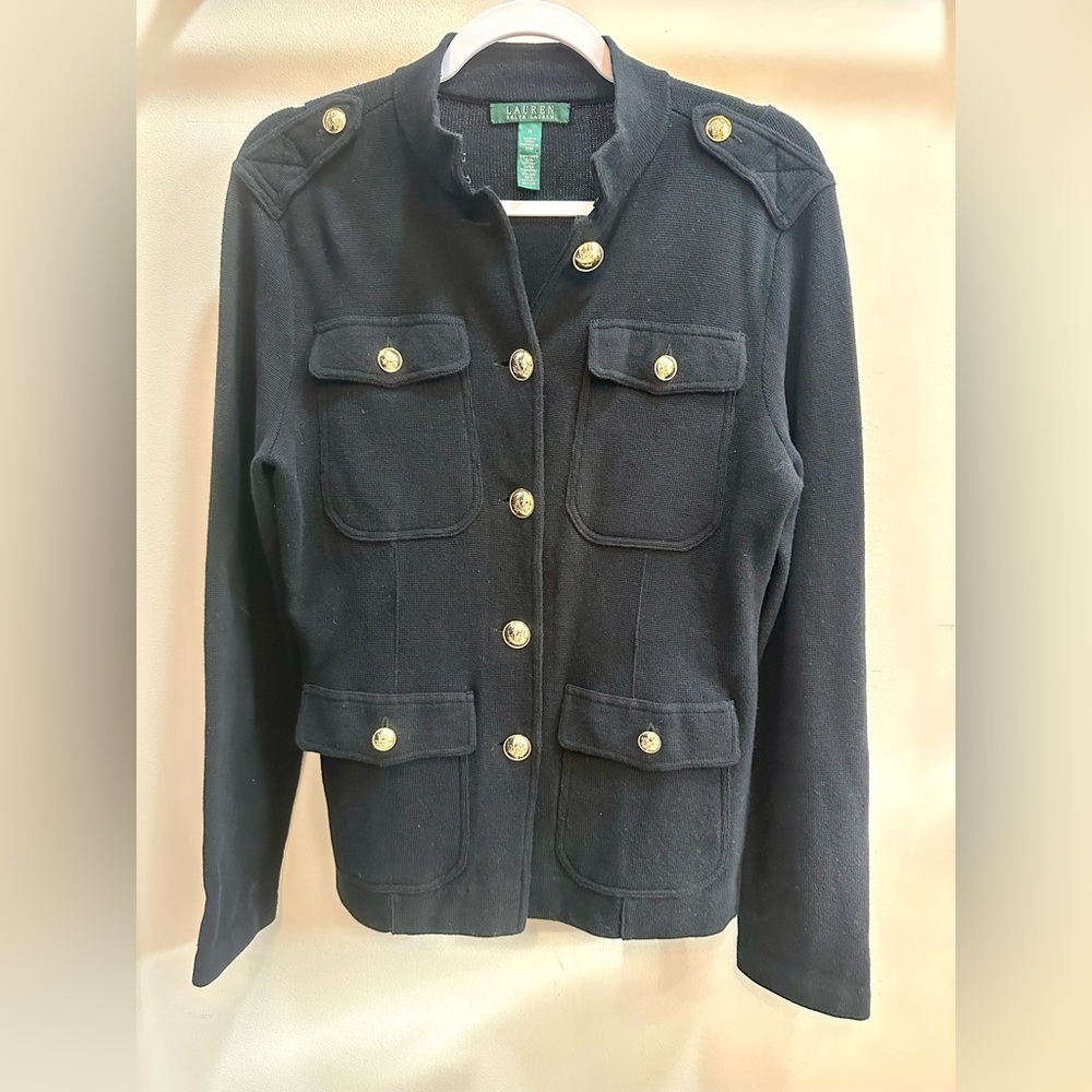 Ralph Lauren Black Military-Style Knit Jacket with Gold-Tone Buttons Size M